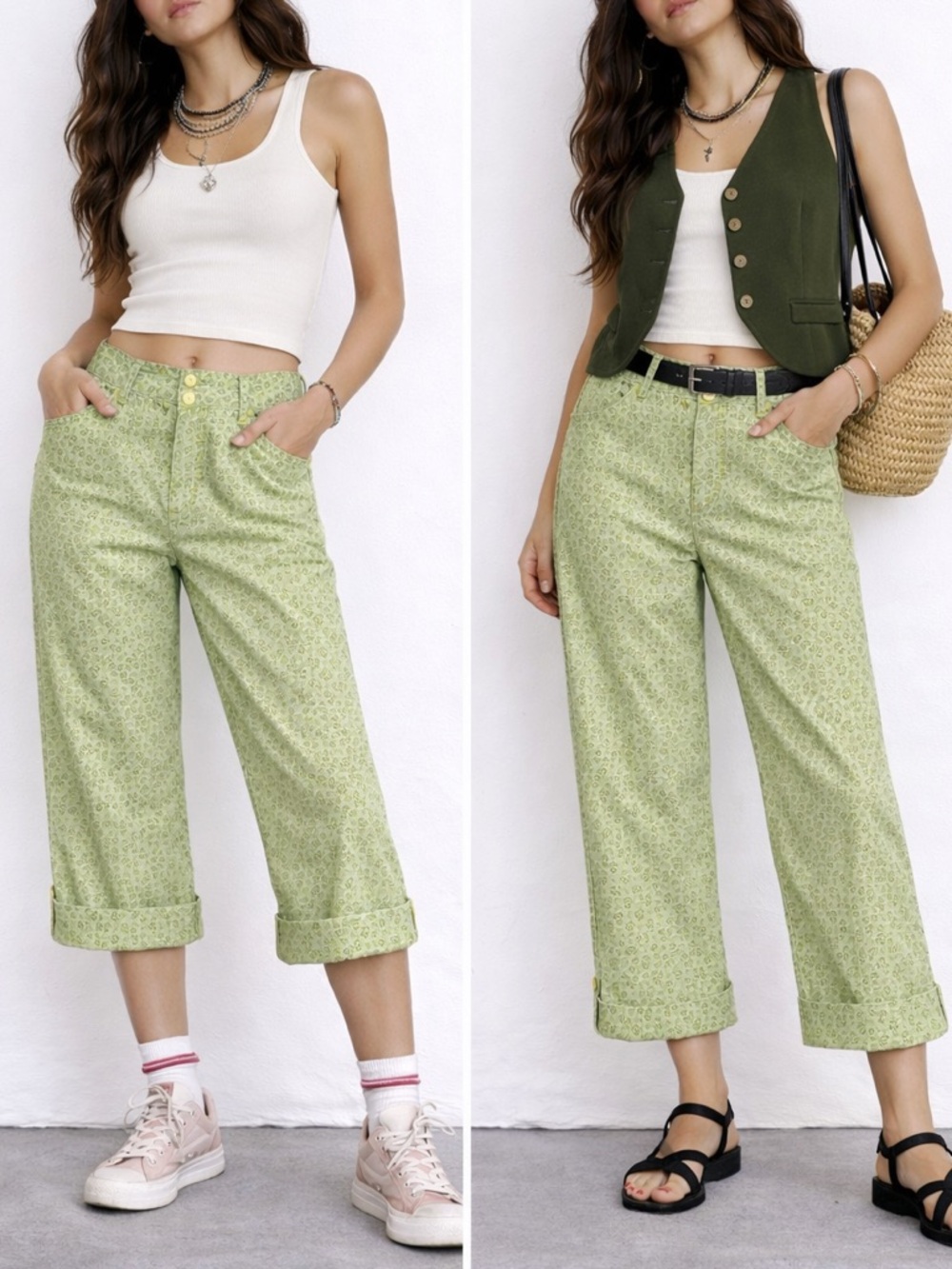 April Cornell Green Floral Pants Adjustable Length Boho Cottagecore Wide Leg S